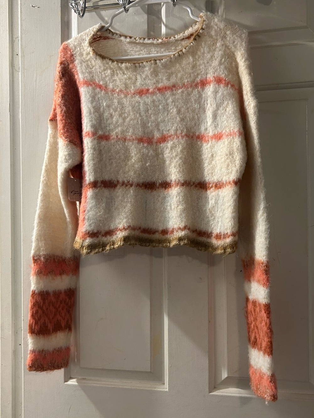 Free People Cream and Coral Fuzzy Striped Cropped Sweater